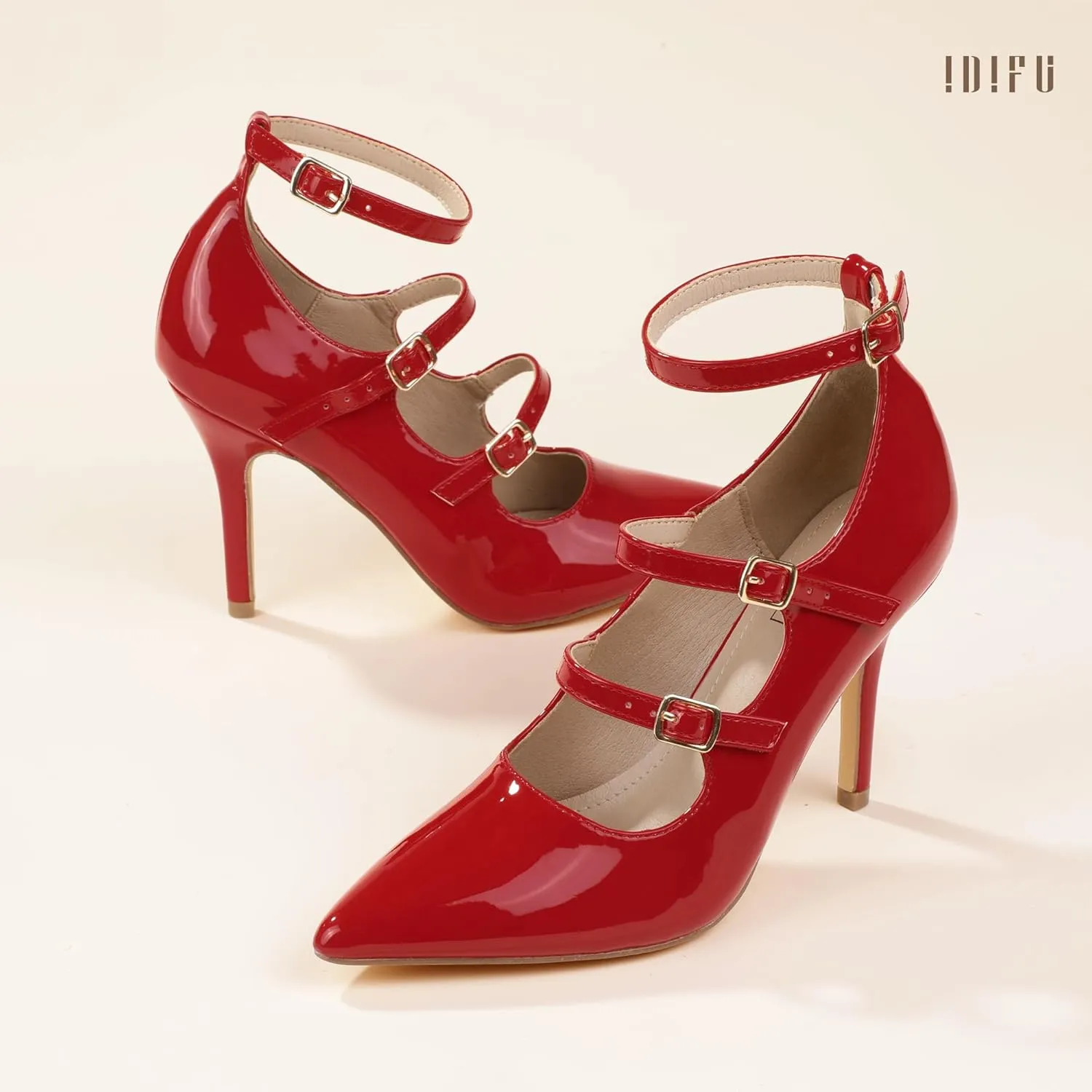 IDIFU IN4 Women's Pumps High Heels Dress Shoes for Women Closed Toe Strappy Heels Wedding Comfortable Dressy Formal Stiletto Ankle Strap Pointed Toe Three Strap Heels Pump Shoes