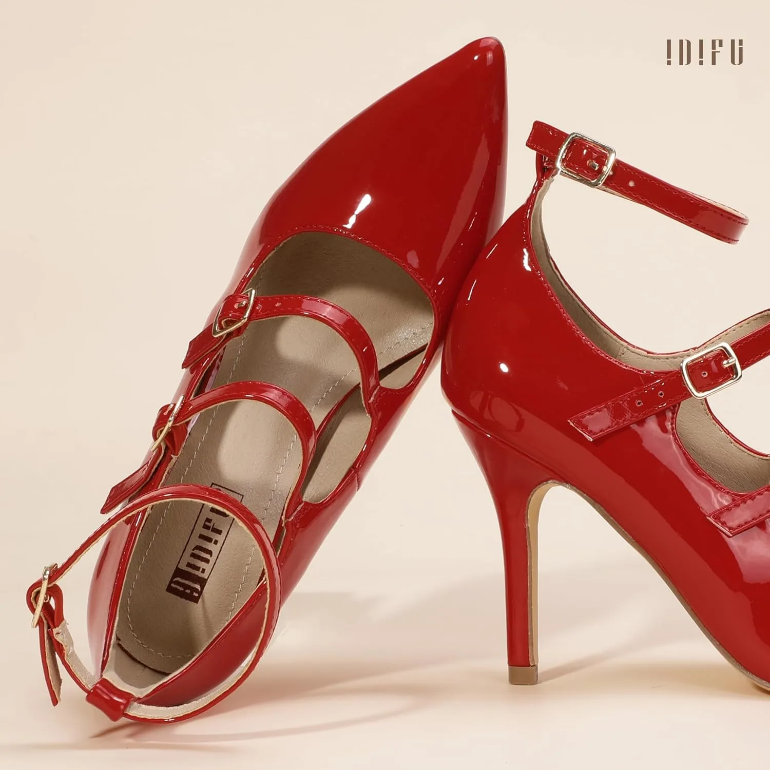 IDIFU IN4 Women's Pumps High Heels Dress Shoes for Women Closed Toe Strappy Heels Wedding Comfortable Dressy Formal Stiletto Ankle Strap Pointed Toe Three Strap Heels Pump Shoes