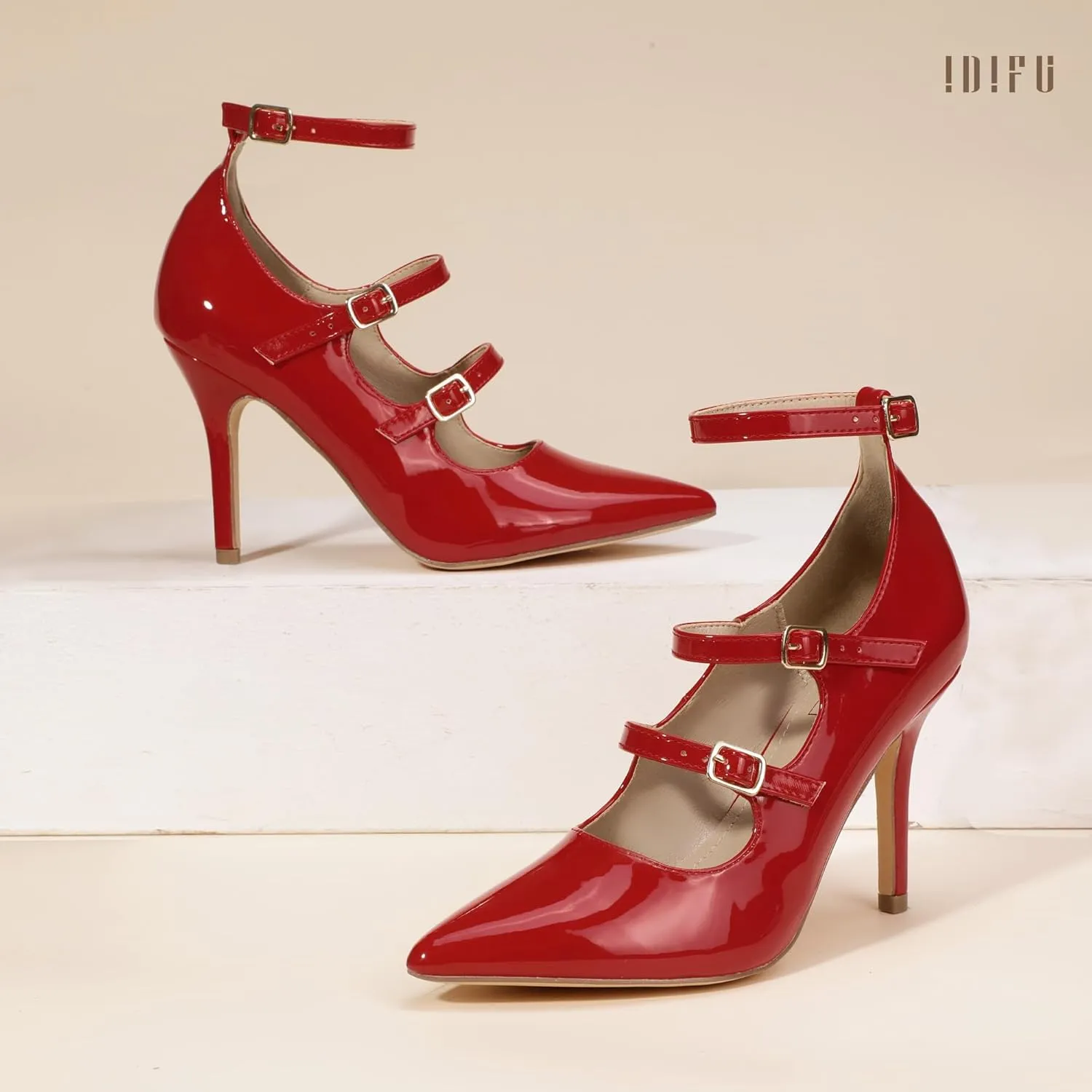 IDIFU IN4 Women's Pumps High Heels Dress Shoes for Women Closed Toe Strappy Heels Wedding Comfortable Dressy Formal Stiletto Ankle Strap Pointed Toe Three Strap Heels Pump Shoes