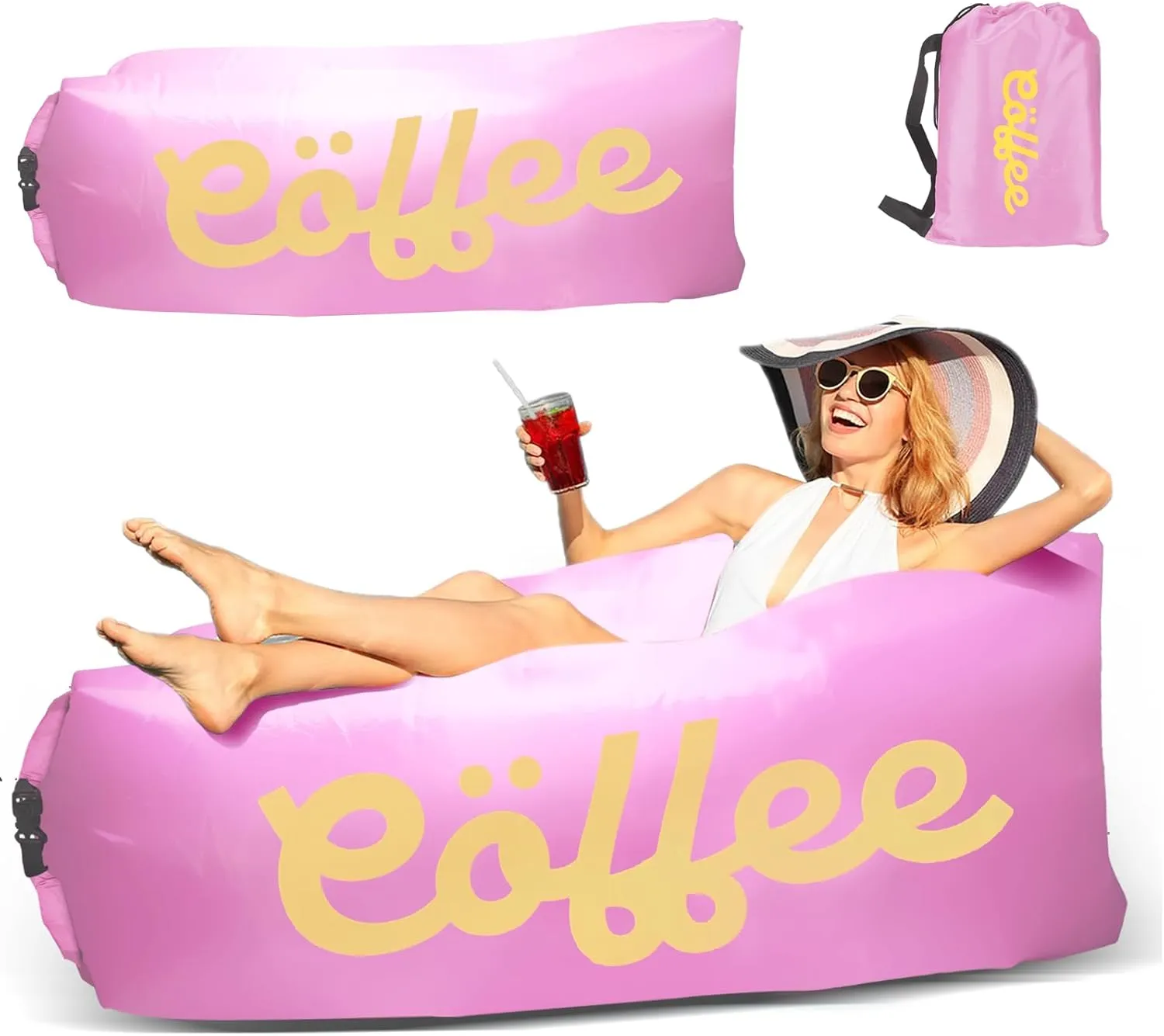 Inflatable Lounger Air Sofa, Portable Hammock Couch Air Sofa for Beach, Camping, Picnics, Travel & Festivals-Pink