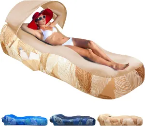 Inflatable Lounger Air Sofa with Sun Shade Cover Waterproof Inflatable Couch Chair for Camping Beach Hiking Backyard, Easy to Set Up Inflatable Couch (Khaki)