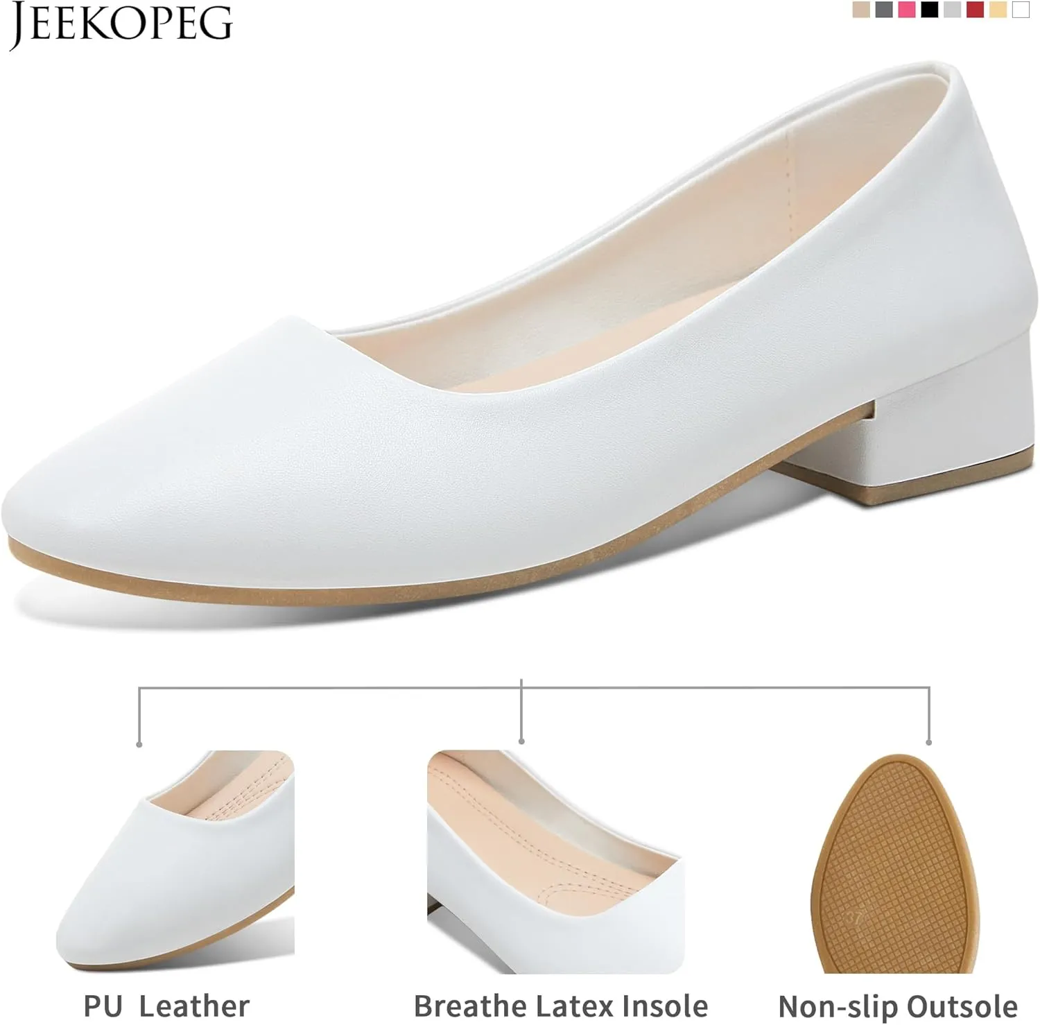 Jeekopeg Low Chunky Pumps Women's Round Toe Heels PU Leather Chunky Pump Shoes Classic Closed Toe Pumps Low Heel Dress Shoes for Women