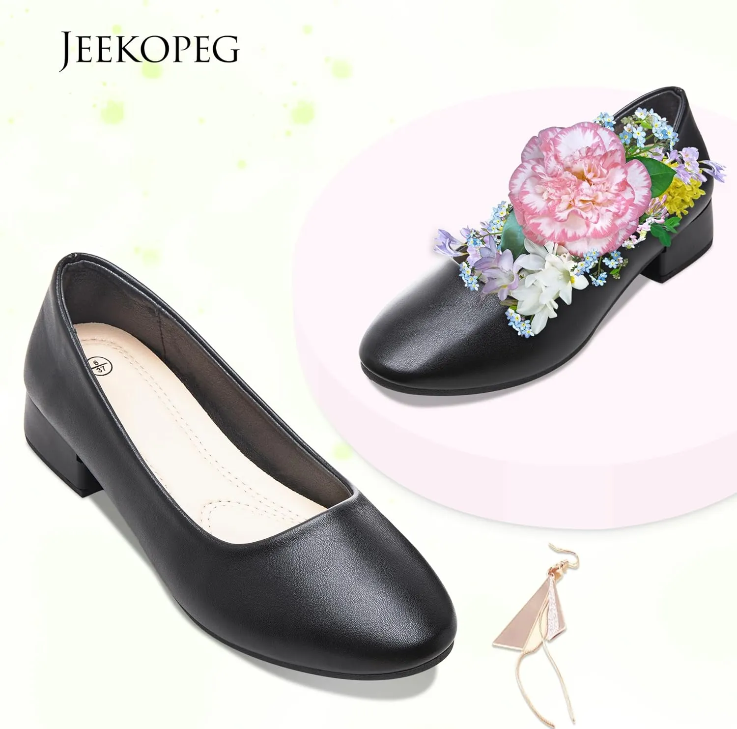 Jeekopeg Low Chunky Pumps Women's Round Toe Heels PU Leather Chunky Pump Shoes Classic Closed Toe Pumps Low Heel Dress Shoes for Women