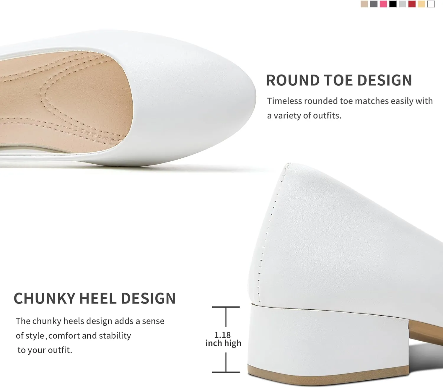 Jeekopeg Low Chunky Pumps Women's Round Toe Heels PU Leather Chunky Pump Shoes Classic Closed Toe Pumps Low Heel Dress Shoes for Women