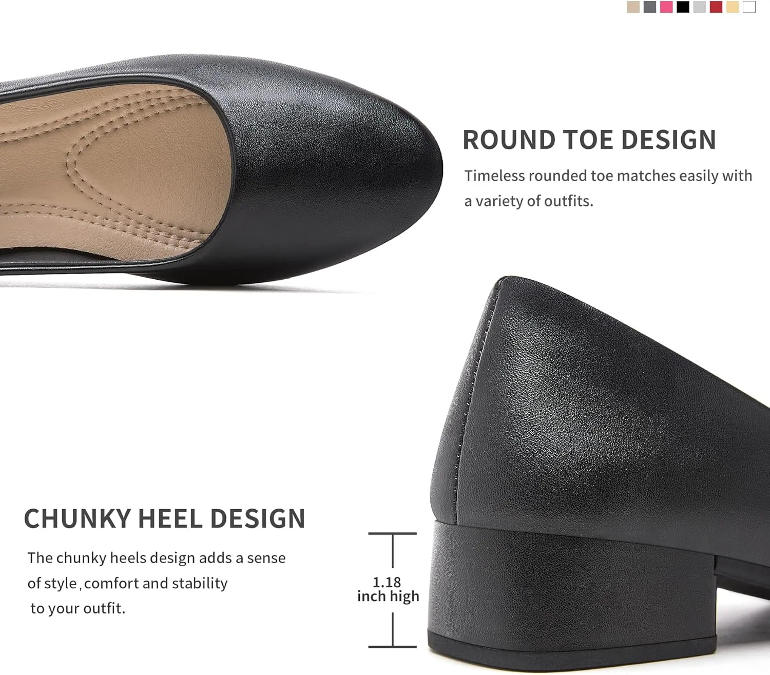 Jeekopeg Low Chunky Pumps Women's Round Toe Heels PU Leather Chunky Pump Shoes Classic Closed Toe Pumps Low Heel Dress Shoes for Women