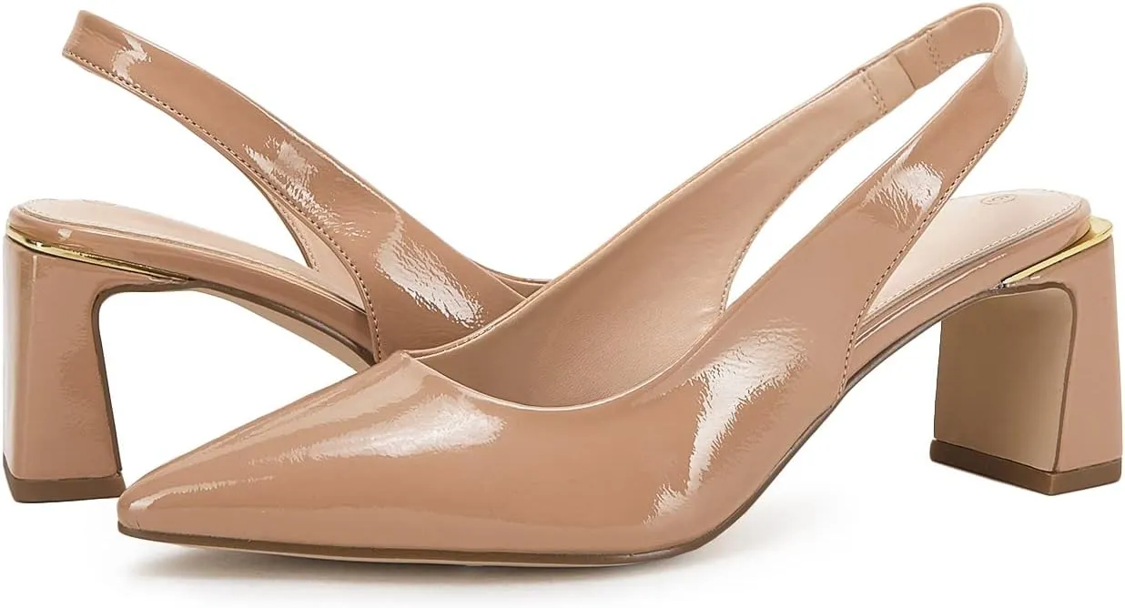 Jeimpoey Womens Slingback Chunky Heels Point-toe Pump Shoes Block Heel Summer Sandals Low-heel Party Shoes
