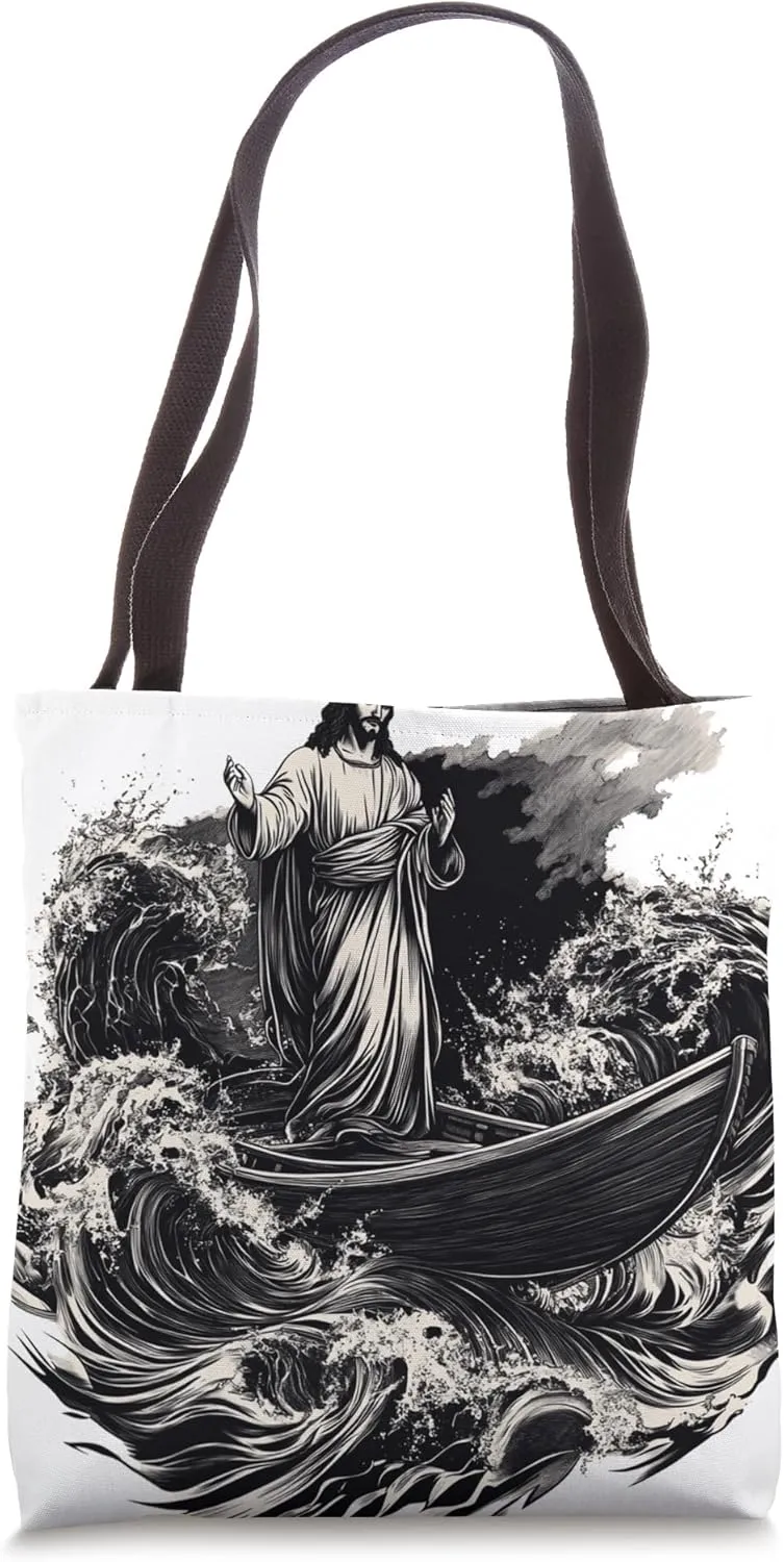 Jesus Standing on Boat Amid Storm Waves Tote Bag
