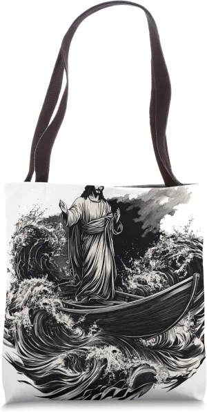 Jesus Standing on Boat Amid Storm Waves Tote Bag