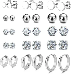 JewelrieShop Earrings Studs Set for Women Stainless Steel CZ Ball Faux Pearl Hoop Hypoallergenic Silver Multiple Ear Stud Earing for Men