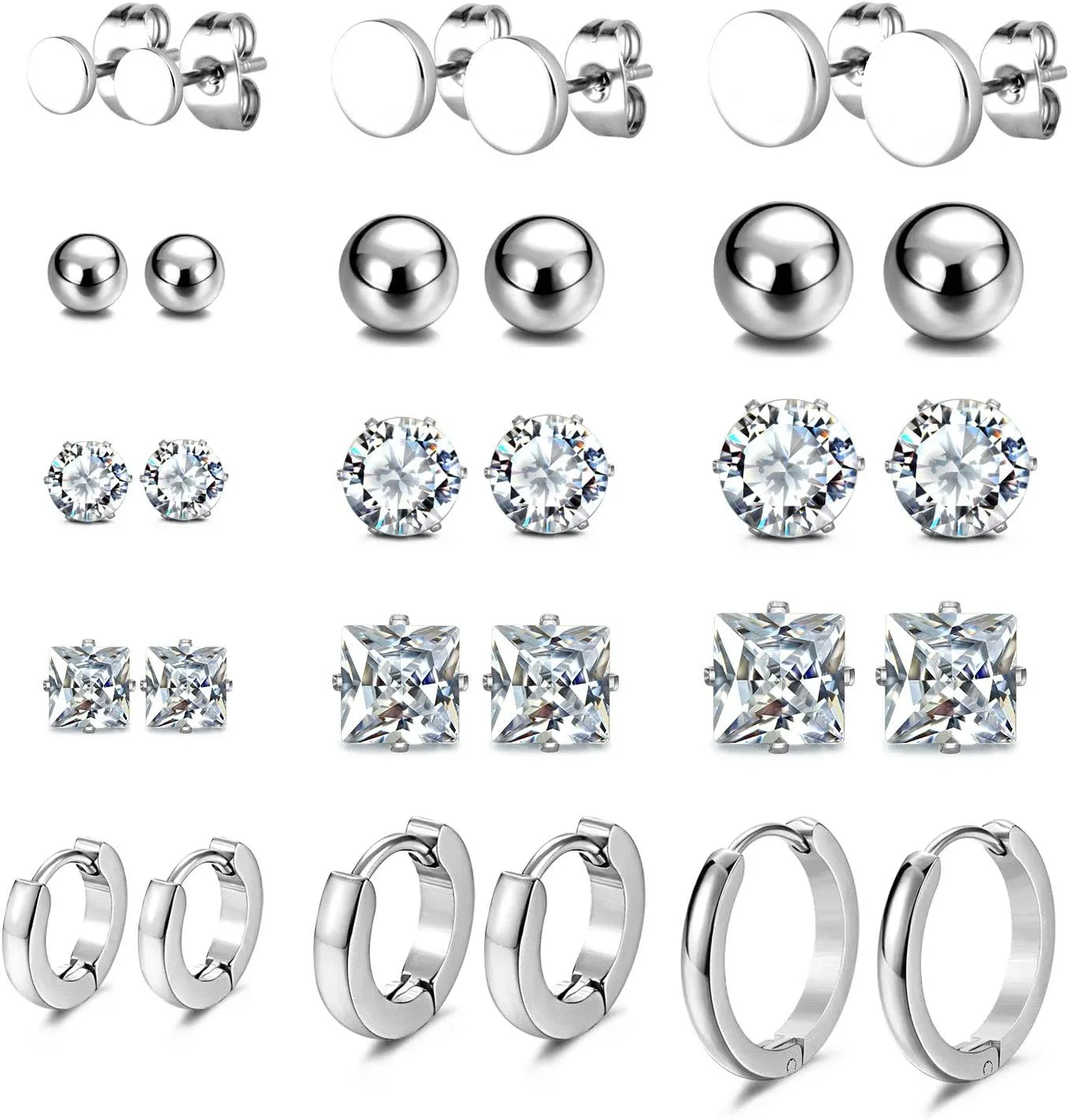JewelrieShop Earrings Studs Set for Women Stainless Steel CZ Ball Faux Pearl Hoop Hypoallergenic Silver Multiple Ear Stud Earing for Men