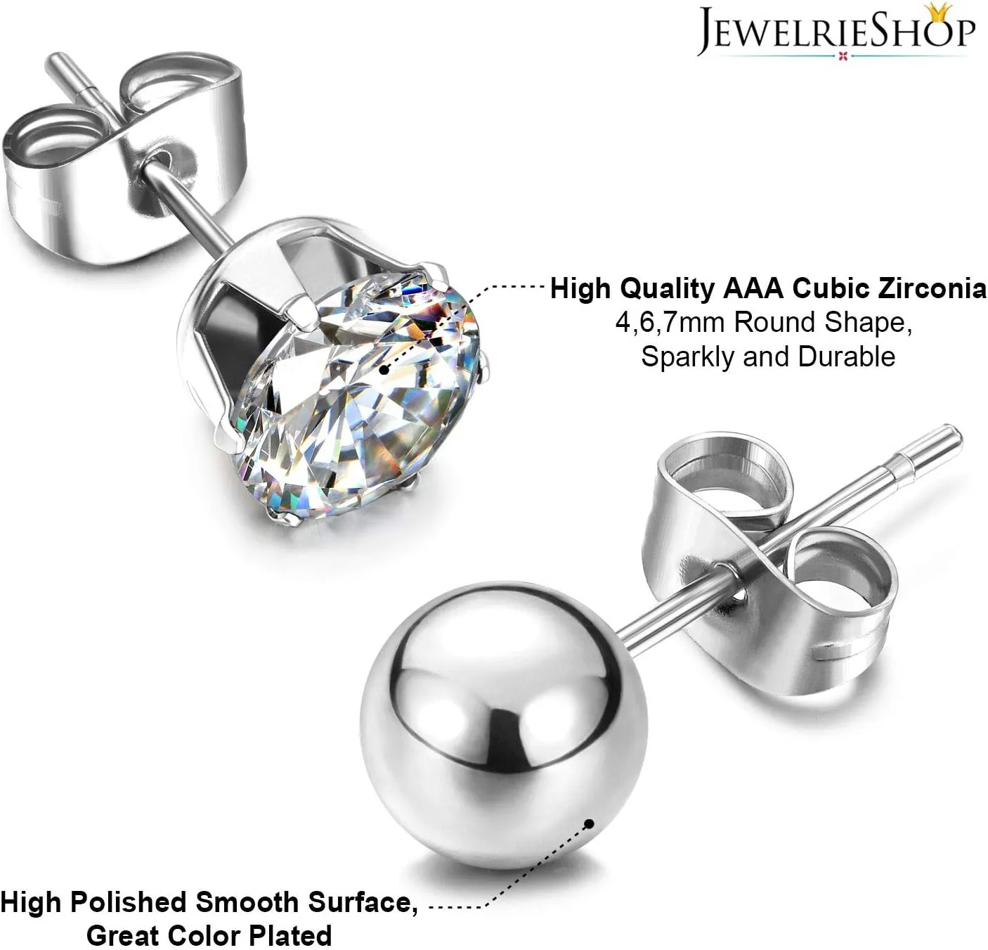 JewelrieShop Earrings Studs Set for Women Stainless Steel CZ Ball Faux Pearl Hoop Hypoallergenic Silver Multiple Ear Stud Earing for Men