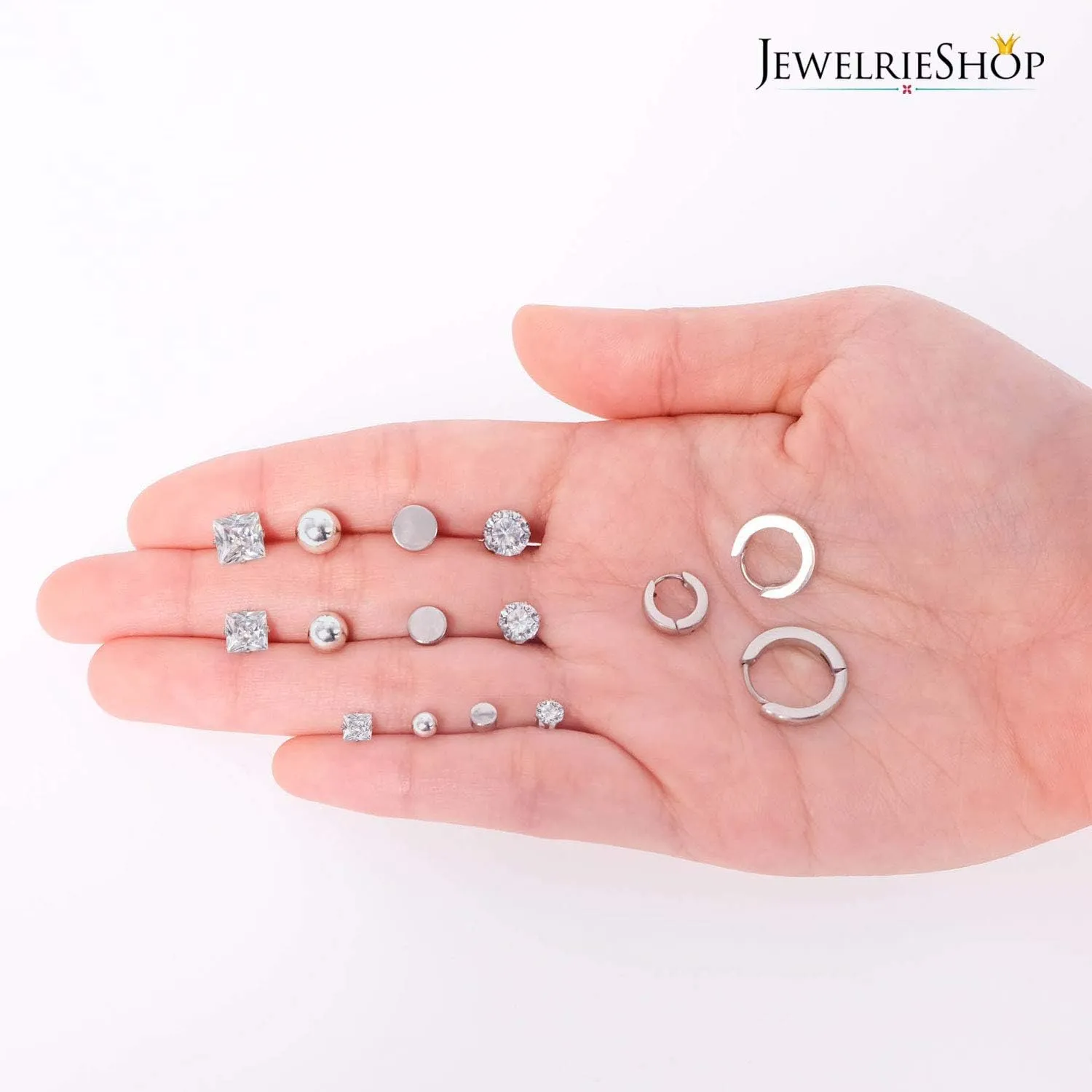 JewelrieShop Earrings Studs Set for Women Stainless Steel CZ Ball Faux Pearl Hoop Hypoallergenic Silver Multiple Ear Stud Earing for Men