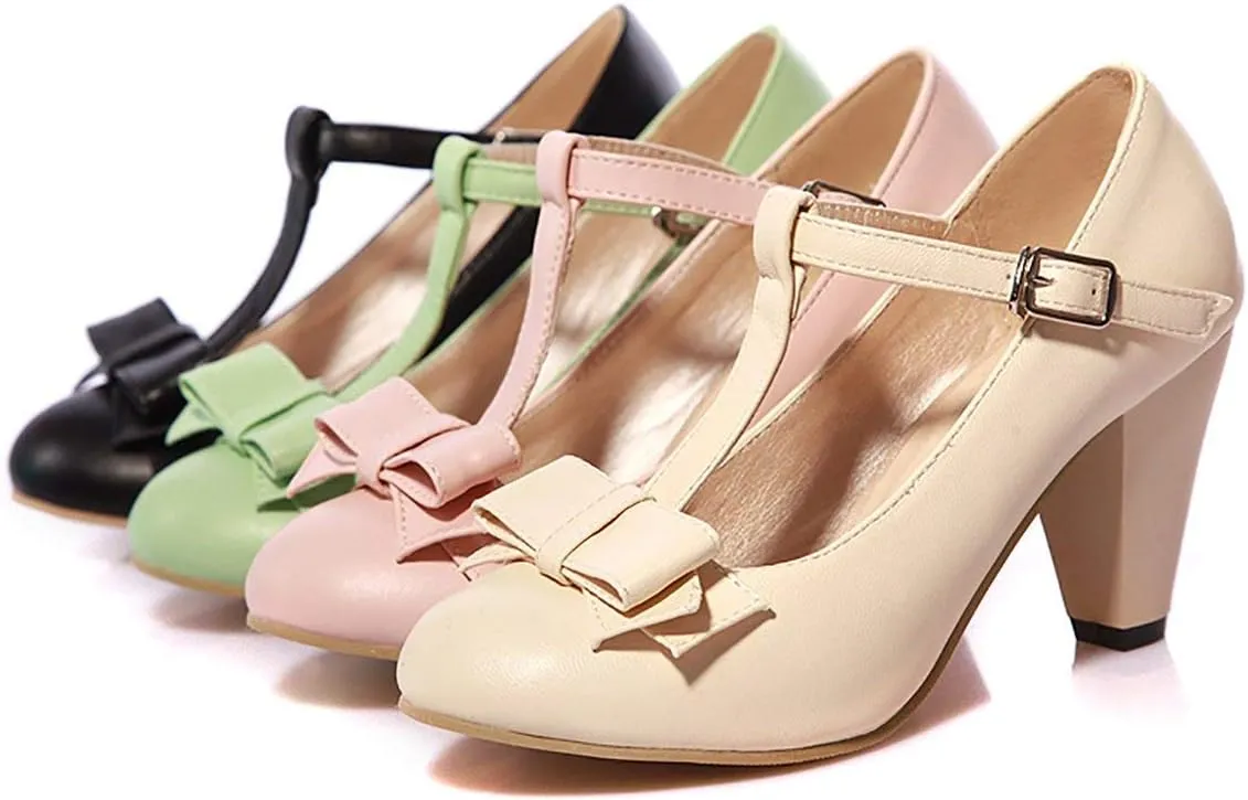 JITUUE Women's Chic Sweet Round Toe T-Strap Bows Adorable Buckle Lolita Cone Mary Janes Dress High Heel Pumps Shoes