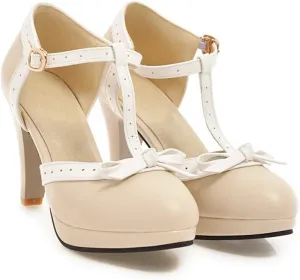 JITUUE Women's Chic Sweet Round Toe T-Strap Bows Adorable Buckle Lolita Cone Mary Janes Dress High Heel Pumps Shoes