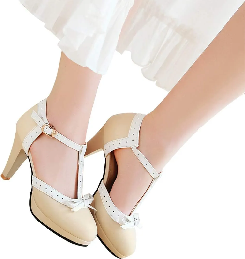 JITUUE Women's Chic Sweet Round Toe T-Strap Bows Adorable Buckle Lolita Cone Mary Janes Dress High Heel Pumps Shoes