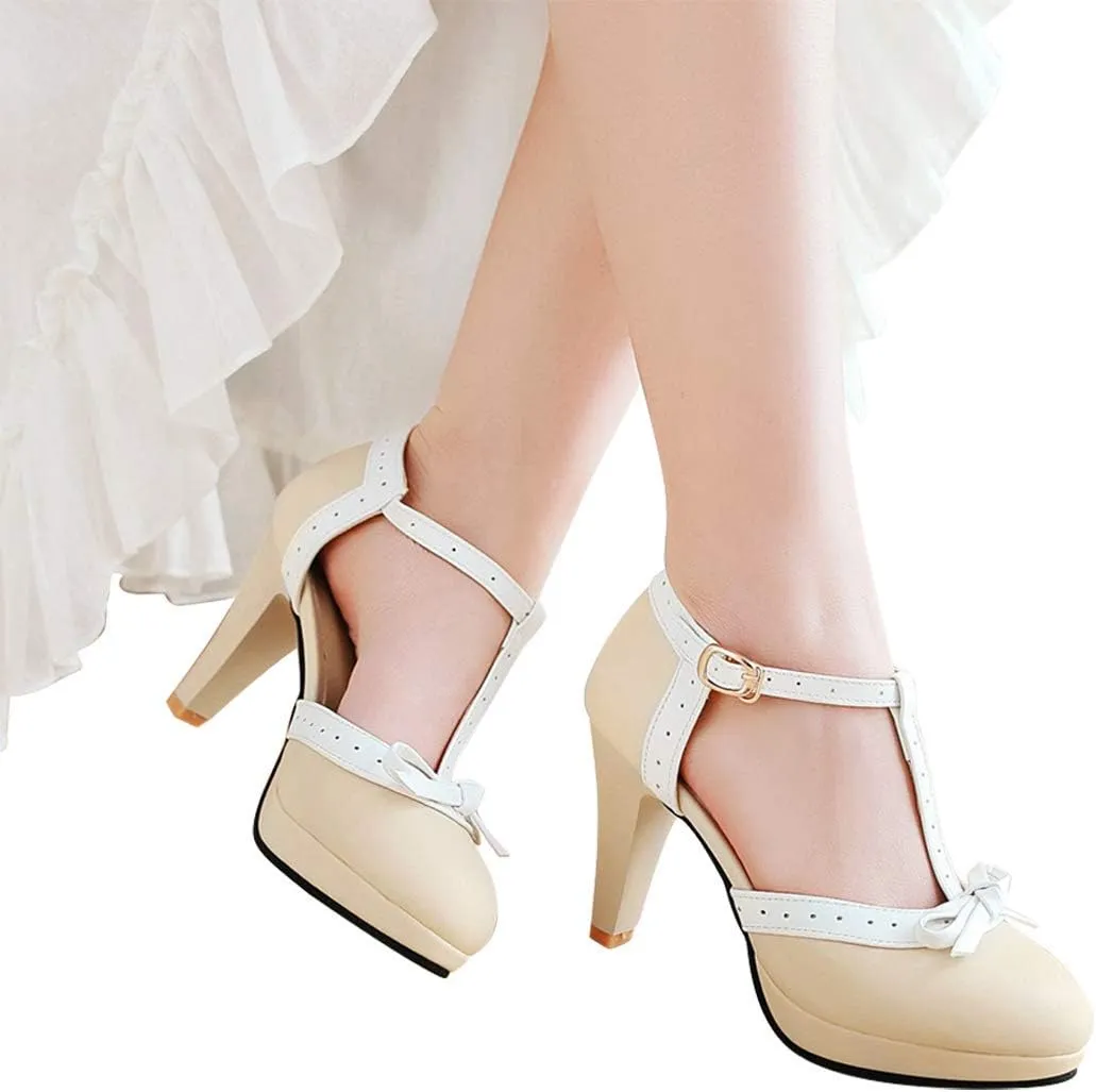 JITUUE Women's Chic Sweet Round Toe T-Strap Bows Adorable Buckle Lolita Cone Mary Janes Dress High Heel Pumps Shoes