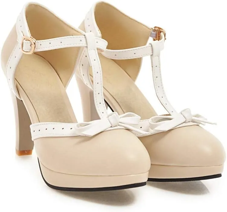 JITUUE Women's Chic Sweet Round Toe T-Strap Bows Adorable Buckle Lolita Cone Mary Janes Dress High Heel Pumps Shoes
