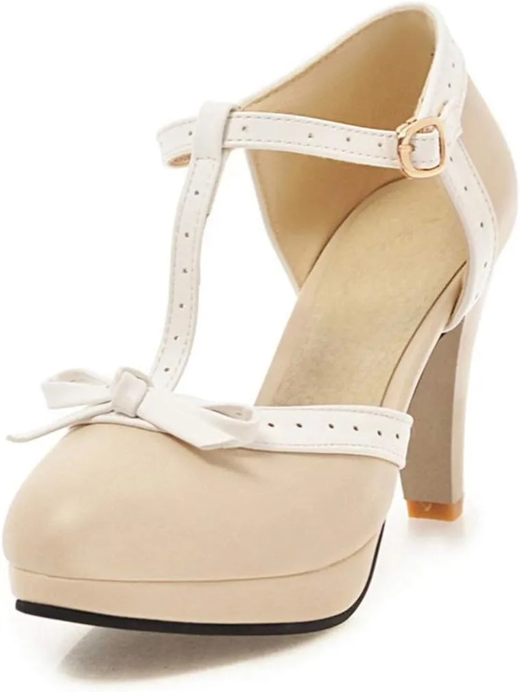 JITUUE Women's Chic Sweet Round Toe T-Strap Bows Adorable Buckle Lolita Cone Mary Janes Dress High Heel Pumps Shoes