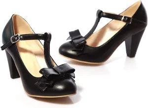 JITUUE Women's Chic Sweet Round Toe T-Strap Bows Adorable Buckle Lolita Cone Mary Janes Dress High Heel Pumps Shoes