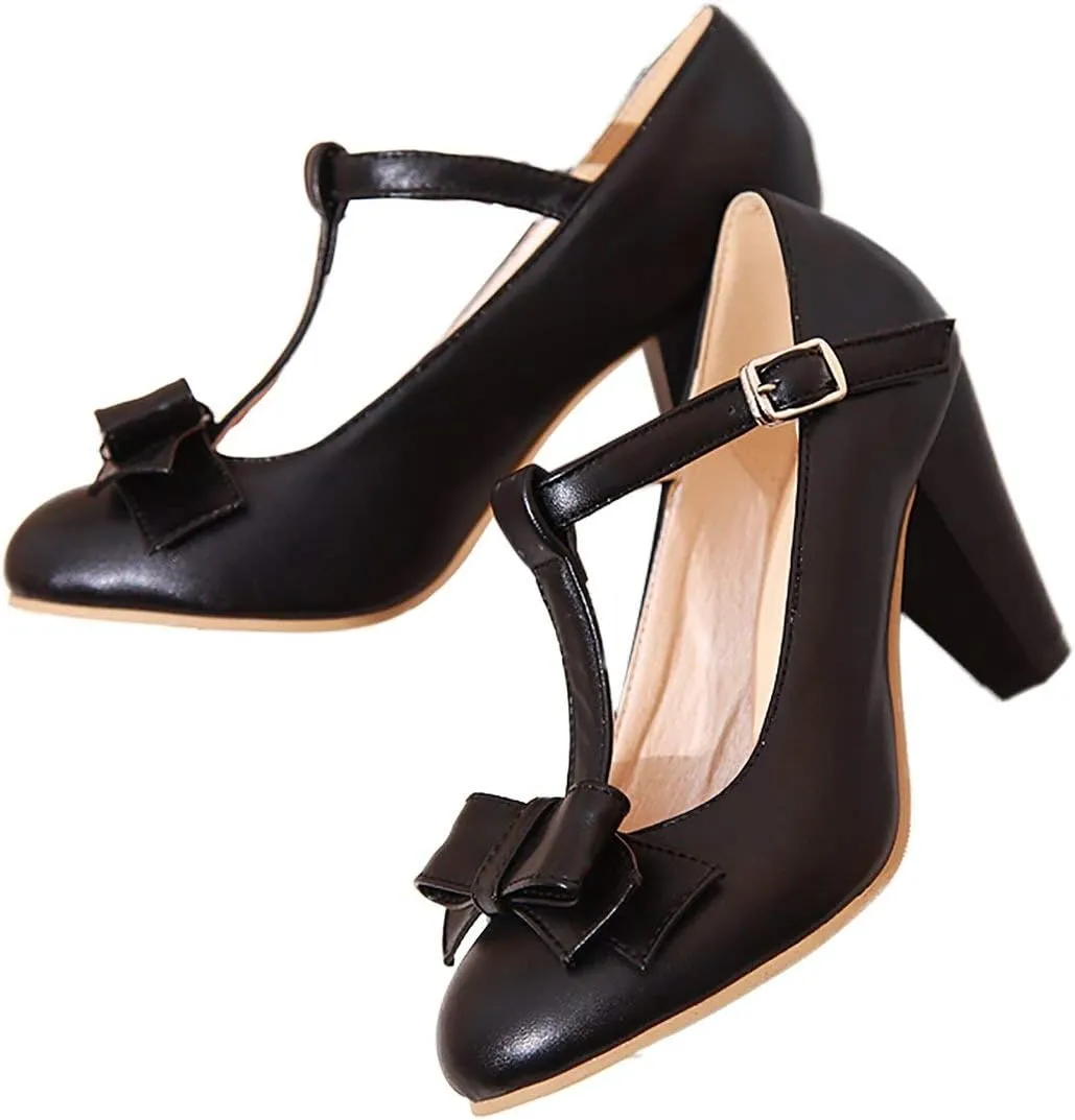 JITUUE Women's Chic Sweet Round Toe T-Strap Bows Adorable Buckle Lolita Cone Mary Janes Dress High Heel Pumps Shoes