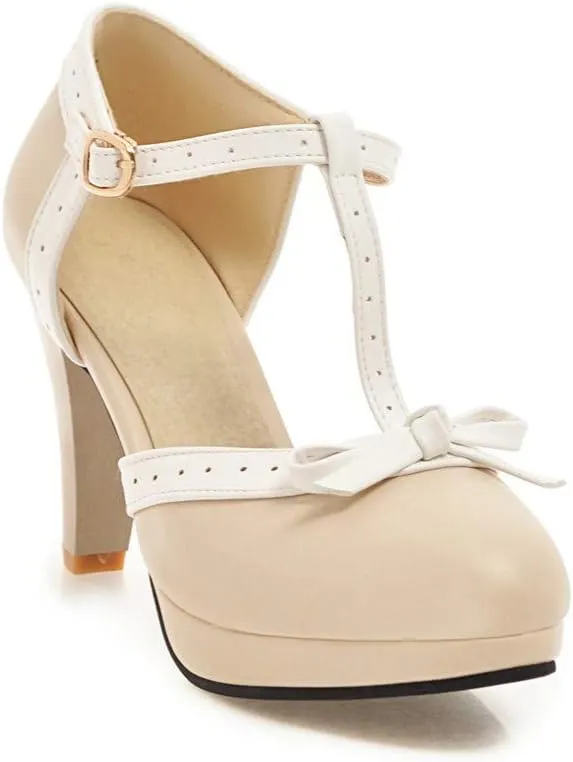 JITUUE Women's Chic Sweet Round Toe T-Strap Bows Adorable Buckle Lolita Cone Mary Janes Dress High Heel Pumps Shoes