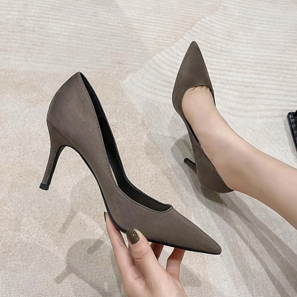 JOEupin Women's Pointed Toe Pumps Classic Suede Shoes Kitten Heel Slip On Dress Pumps 2.36 Inch