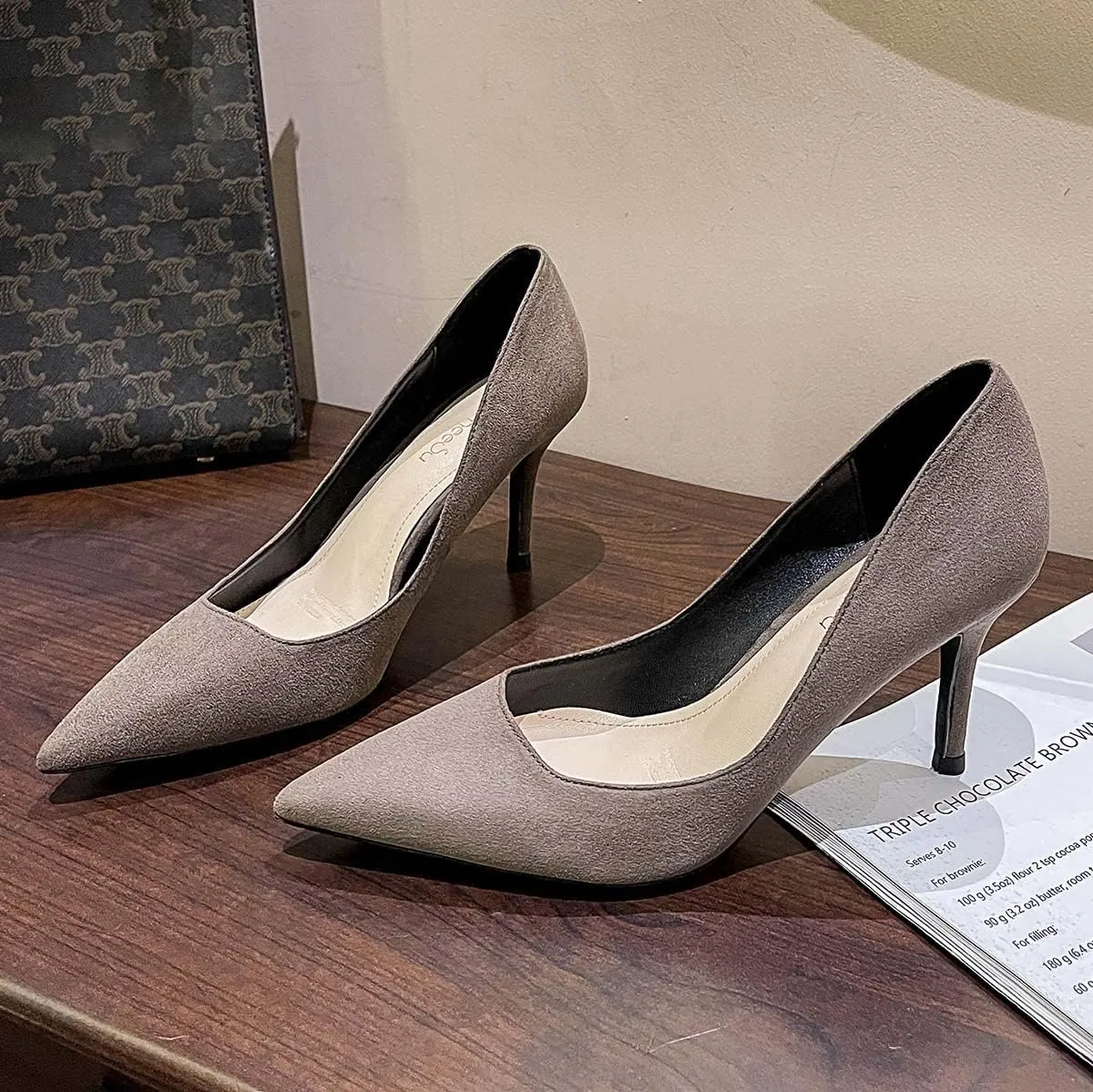 JOEupin Women's Pointed Toe Pumps Classic Suede Shoes Kitten Heel Slip On Dress Pumps 2.36 Inch