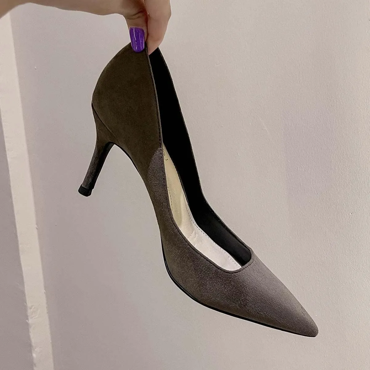 JOEupin Women's Pointed Toe Pumps Classic Suede Shoes Kitten Heel Slip On Dress Pumps 2.36 Inch