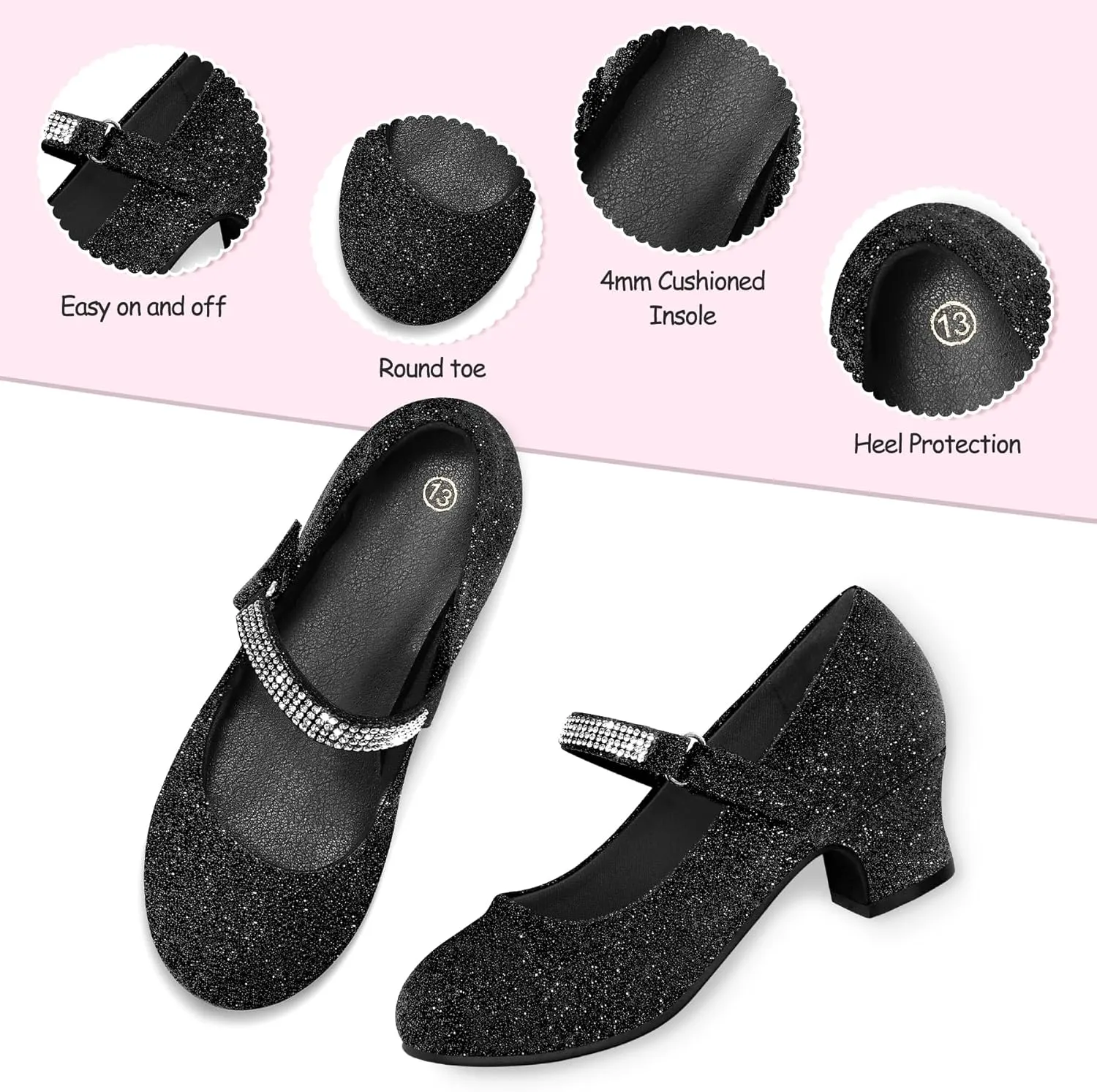 K KomForme Mary Jane Shoes with Low Heel Rhinestones Princess Flats Dress Pump Shoes for Little Kid/Big Kid