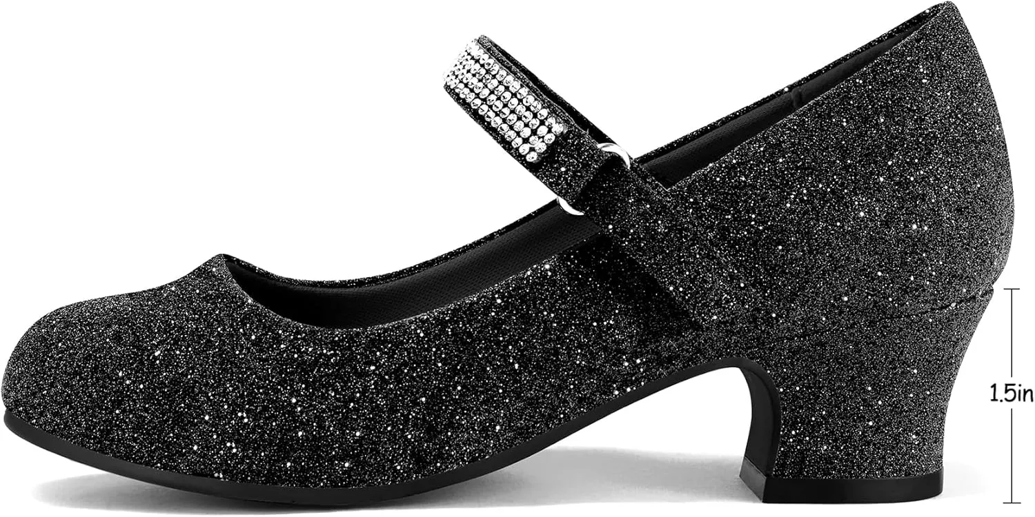 K KomForme Mary Jane Shoes with Low Heel Rhinestones Princess Flats Dress Pump Shoes for Little Kid/Big Kid
