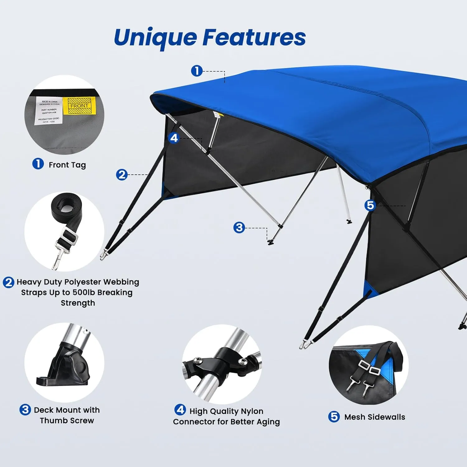 KAKIT 3 4 Bow Bimini Tops for Boats with 3 Mesh Sidewalls Rear Support Poles Boat Canopy Includes Straps Storage Boot, Dark Gray