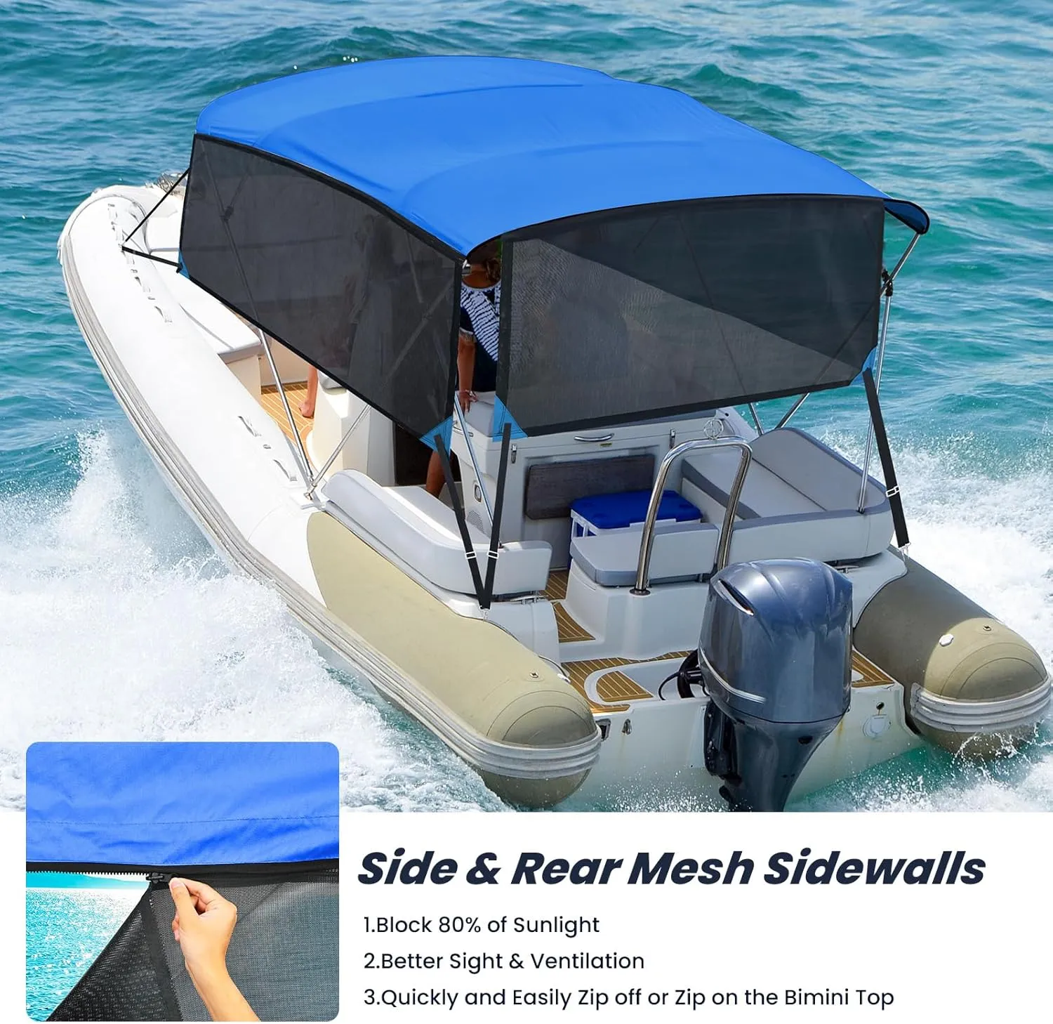 KAKIT 3 4 Bow Bimini Tops for Boats with 3 Mesh Sidewalls Rear Support Poles Boat Canopy Includes Straps Storage Boot, Dark Gray