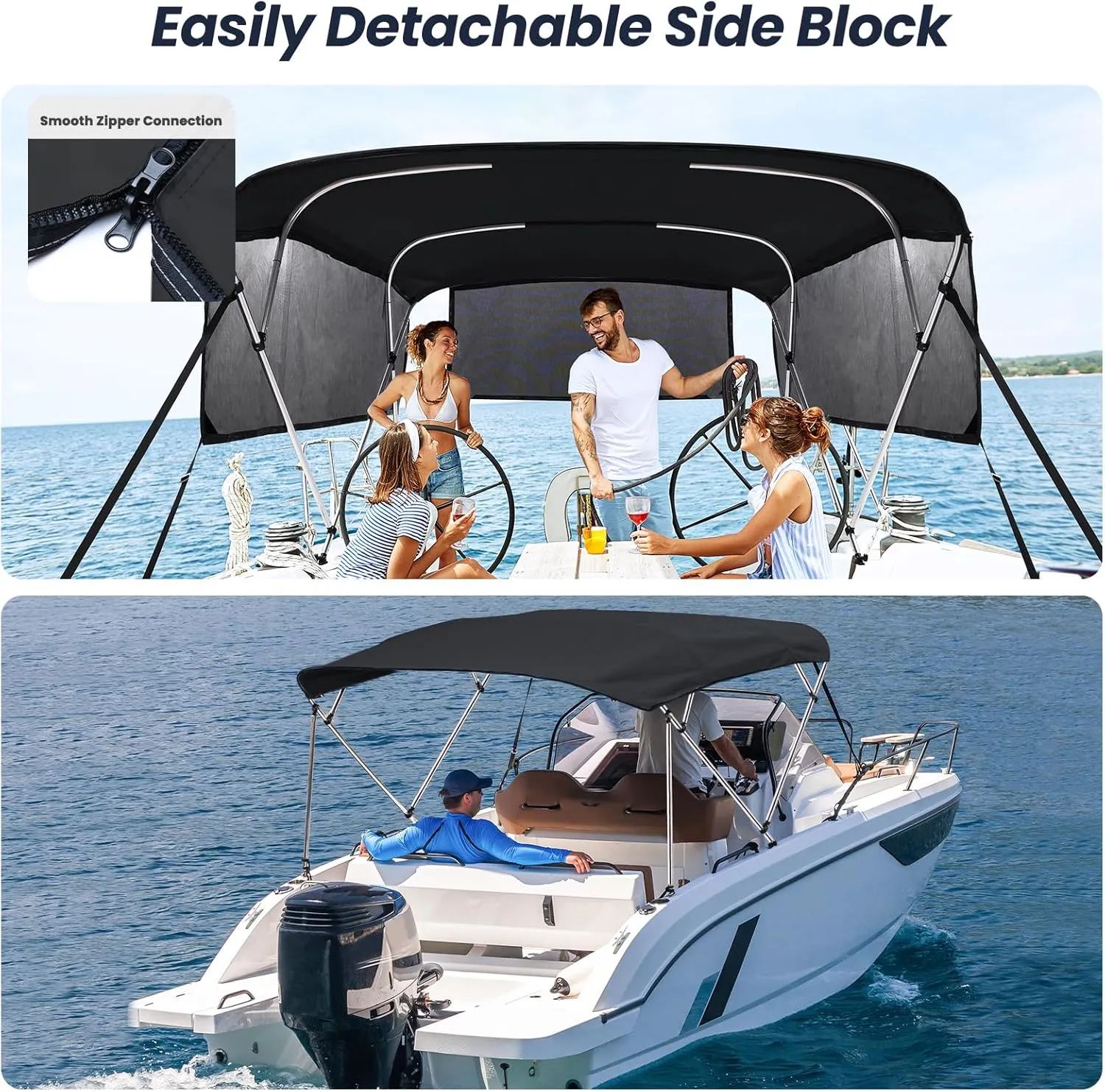 KAKIT 3 4 Bow Bimini Tops for Boats with 3 Mesh Sidewalls Rear Support Poles Boat Canopy Includes Straps Storage Boot, Dark Gray