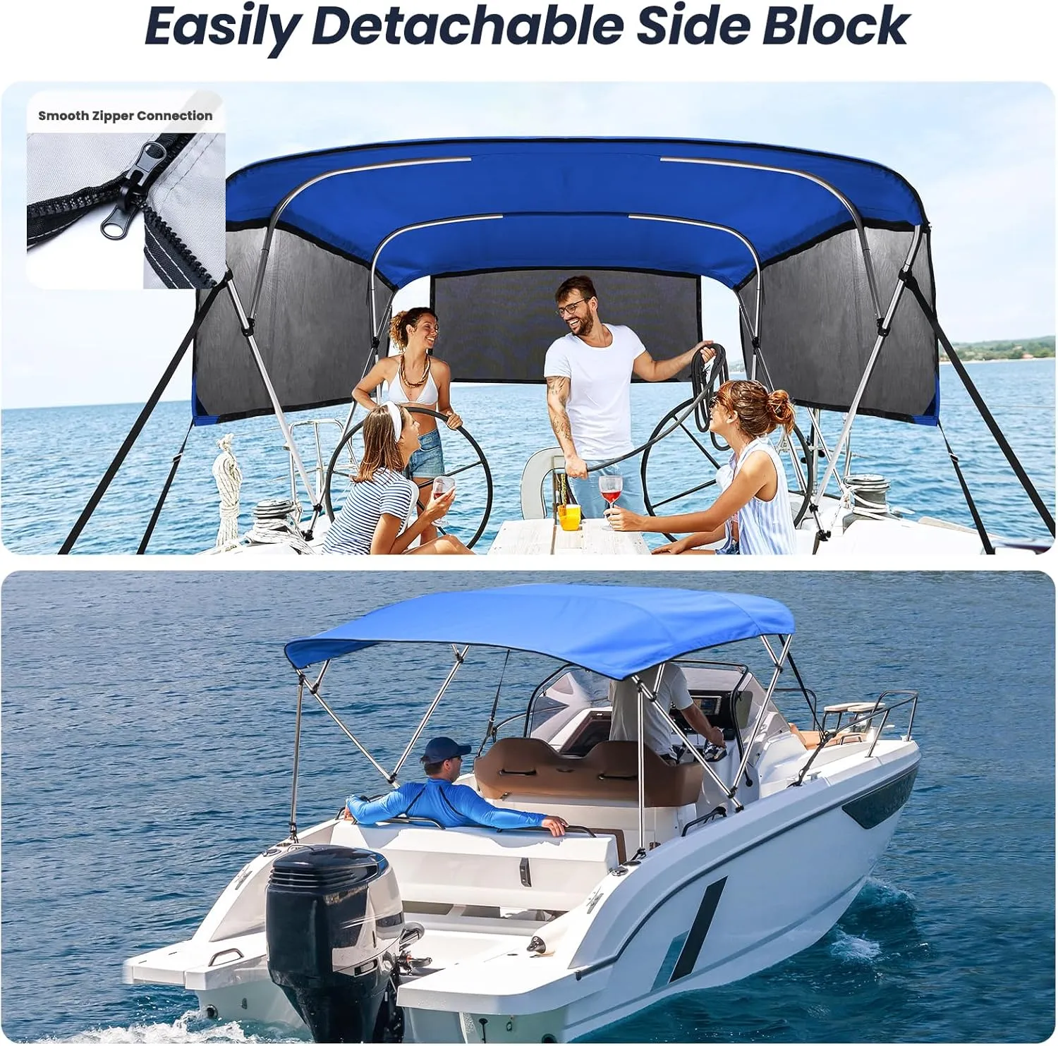 KAKIT 3 4 Bow Bimini Tops for Boats with 3 Mesh Sidewalls Rear Support Poles Boat Canopy Includes Straps Storage Boot, Dark Gray