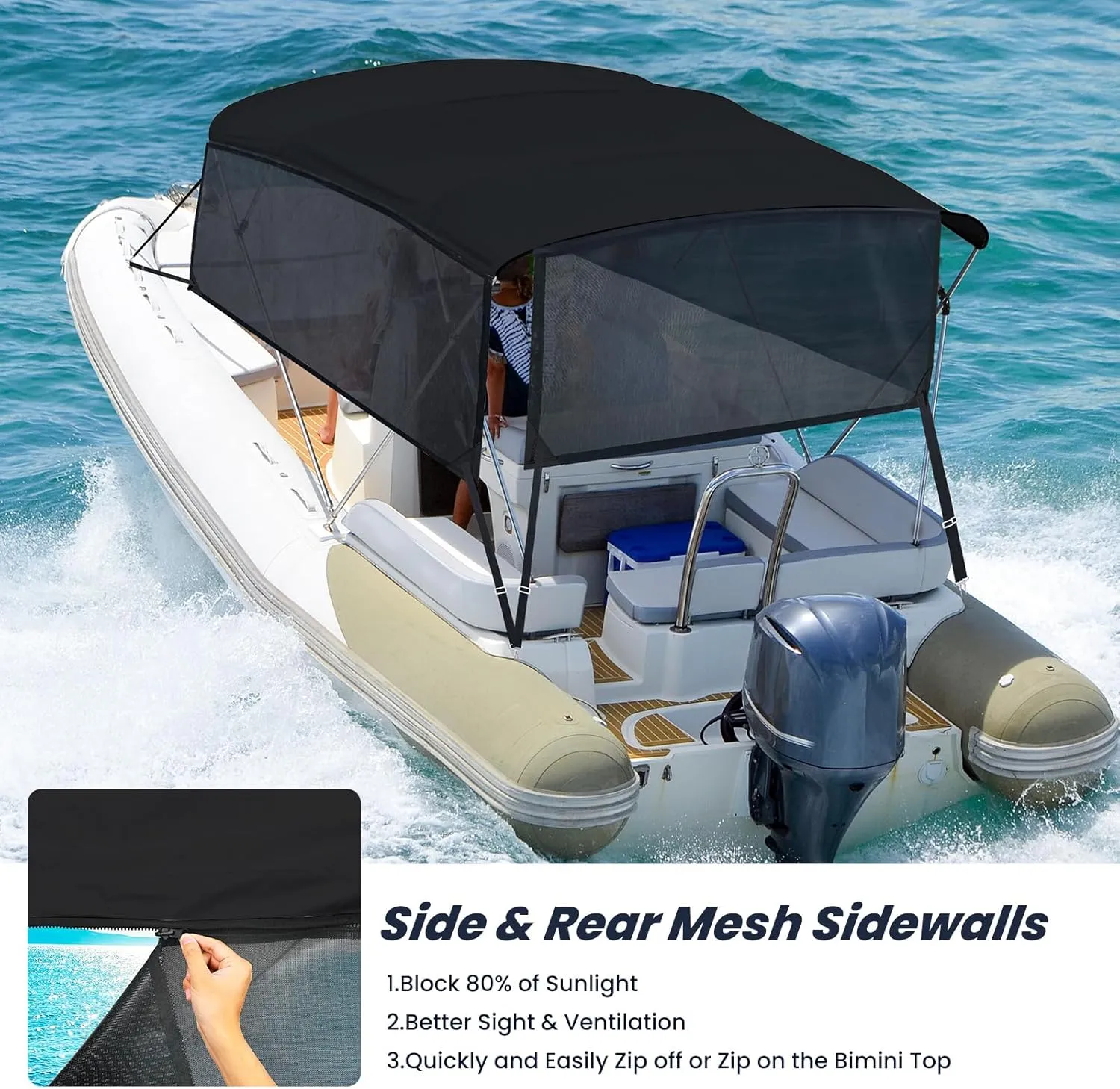 KAKIT 3 4 Bow Bimini Tops for Boats with 3 Mesh Sidewalls Rear Support Poles Boat Canopy Includes Straps Storage Boot, Dark Gray