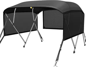 KAKIT 3 4 Bow Bimini Tops for Boats with 3 Mesh Sidewalls Rear Support Poles Boat Canopy Includes Straps Storage Boot, Dark Gray