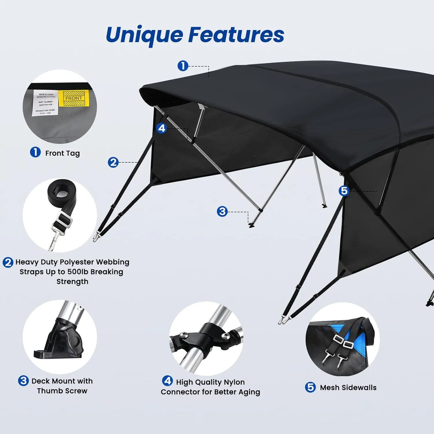 KAKIT 3 4 Bow Bimini Tops for Boats with 3 Mesh Sidewalls Rear Support Poles Boat Canopy Includes Straps Storage Boot, Dark Gray