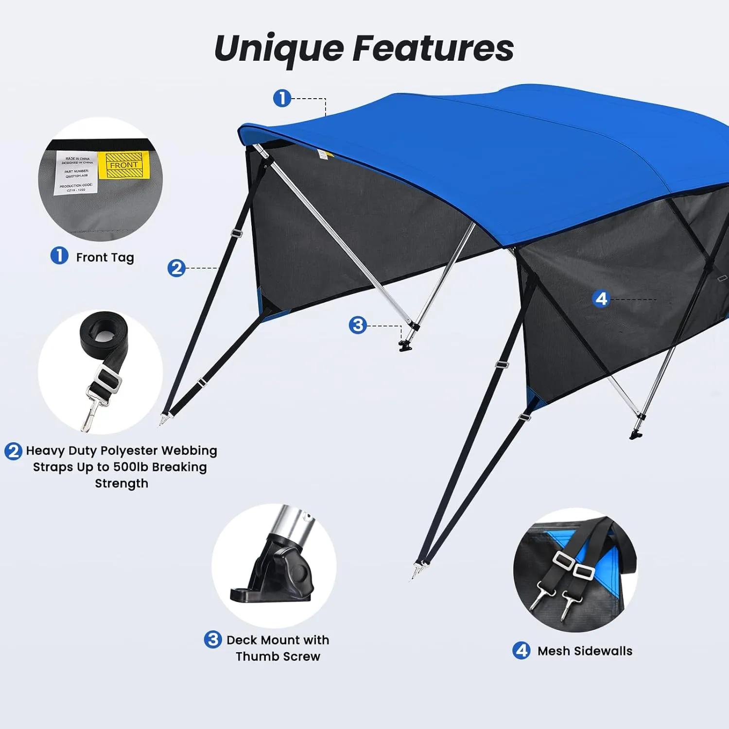 KAKIT 3 4 Bow Bimini Tops for Boats with Mesh Sides Heavy Duty Cover Adjustable 4 Straps Zippered Storage Boot