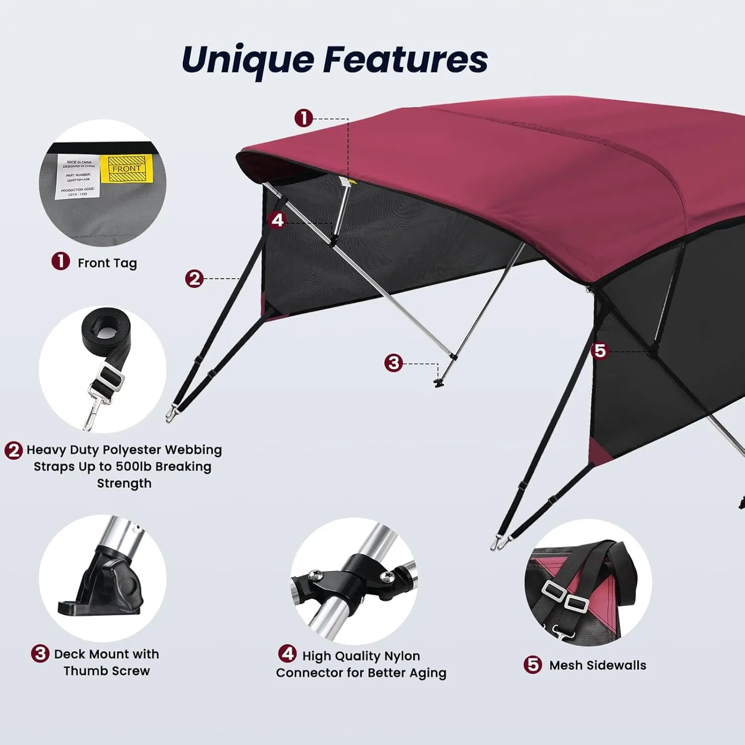 KAKIT 3 4 Bow Bimini Tops for Boats with Mesh Sides Heavy Duty Cover Adjustable 4 Straps Zippered Storage Boot