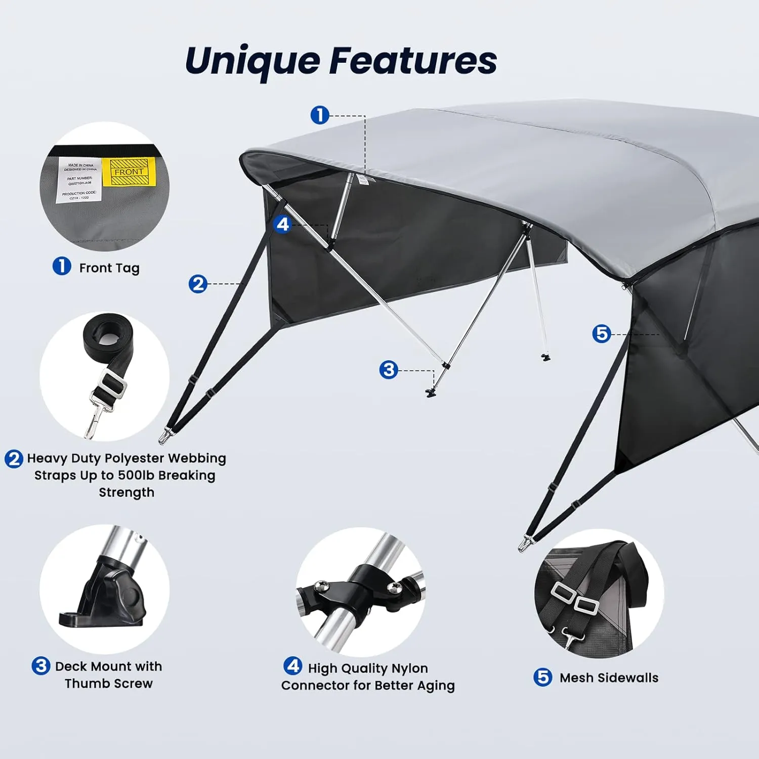 KAKIT 3 4 Bow Bimini Tops with Mesh Sidewalls Support Poles for Boats Marine Grade Canvas Top Includes 2 Straps Storage Boot 1 Inch Aluminum Frame