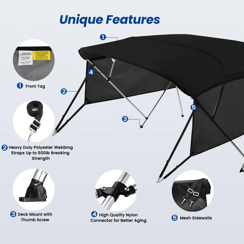KAKIT 3 4 Bow Bimini Tops with Mesh Sidewalls Support Poles for Boats Marine Grade Canvas Top Includes 2 Straps Storage Boot 1 Inch Aluminum Frame