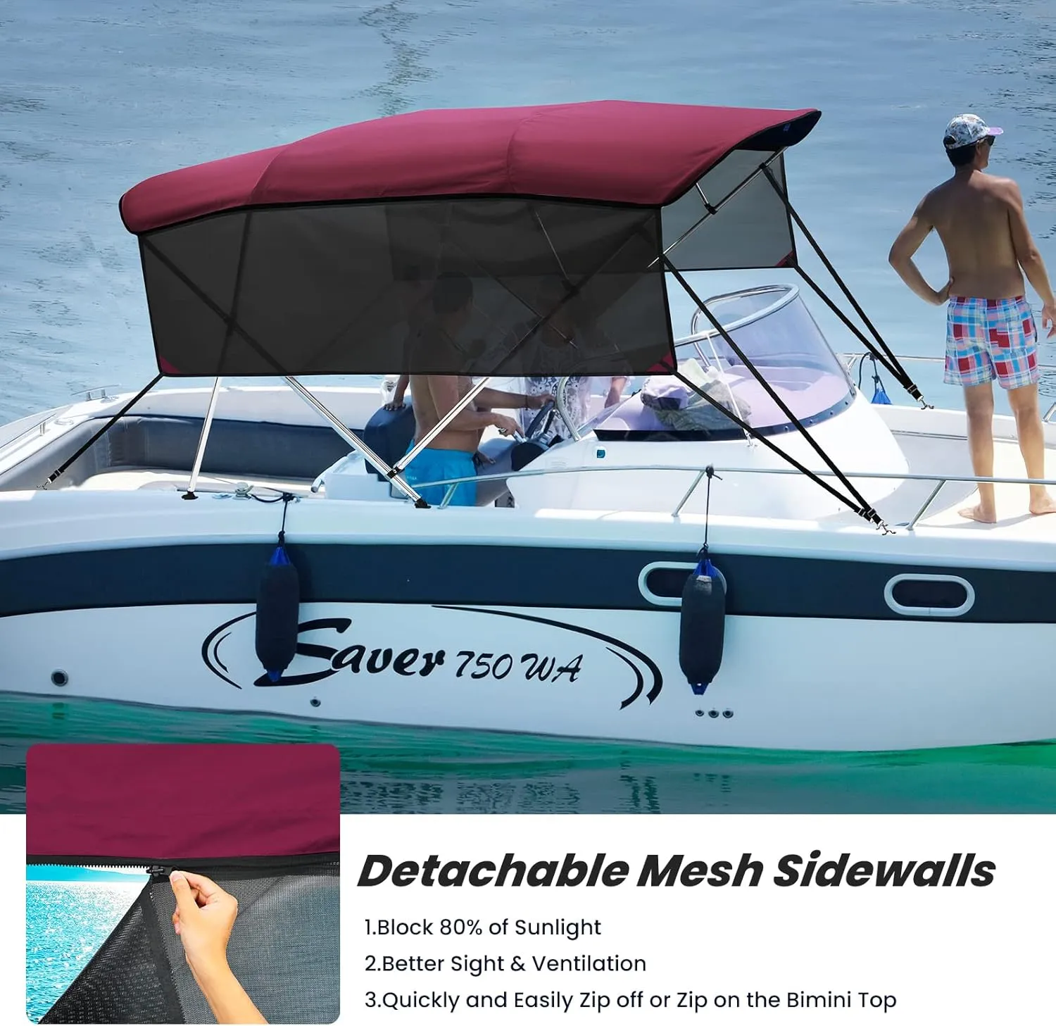 KAKIT 3 4 Bow Bimini Tops with Mesh Sidewalls Support Poles for Boats Marine Grade Canvas Top Includes 2 Straps Storage Boot 1 Inch Aluminum Frame