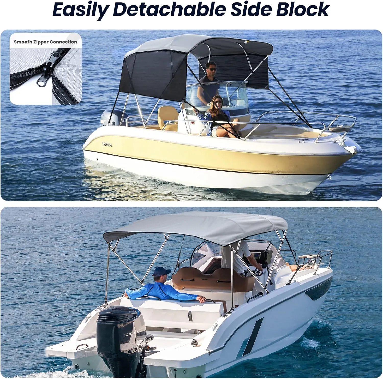 KAKIT 3 4 Bow Bimini Tops with Mesh Sidewalls Support Poles for Boats Marine Grade Canvas Top Includes 2 Straps Storage Boot 1 Inch Aluminum Frame