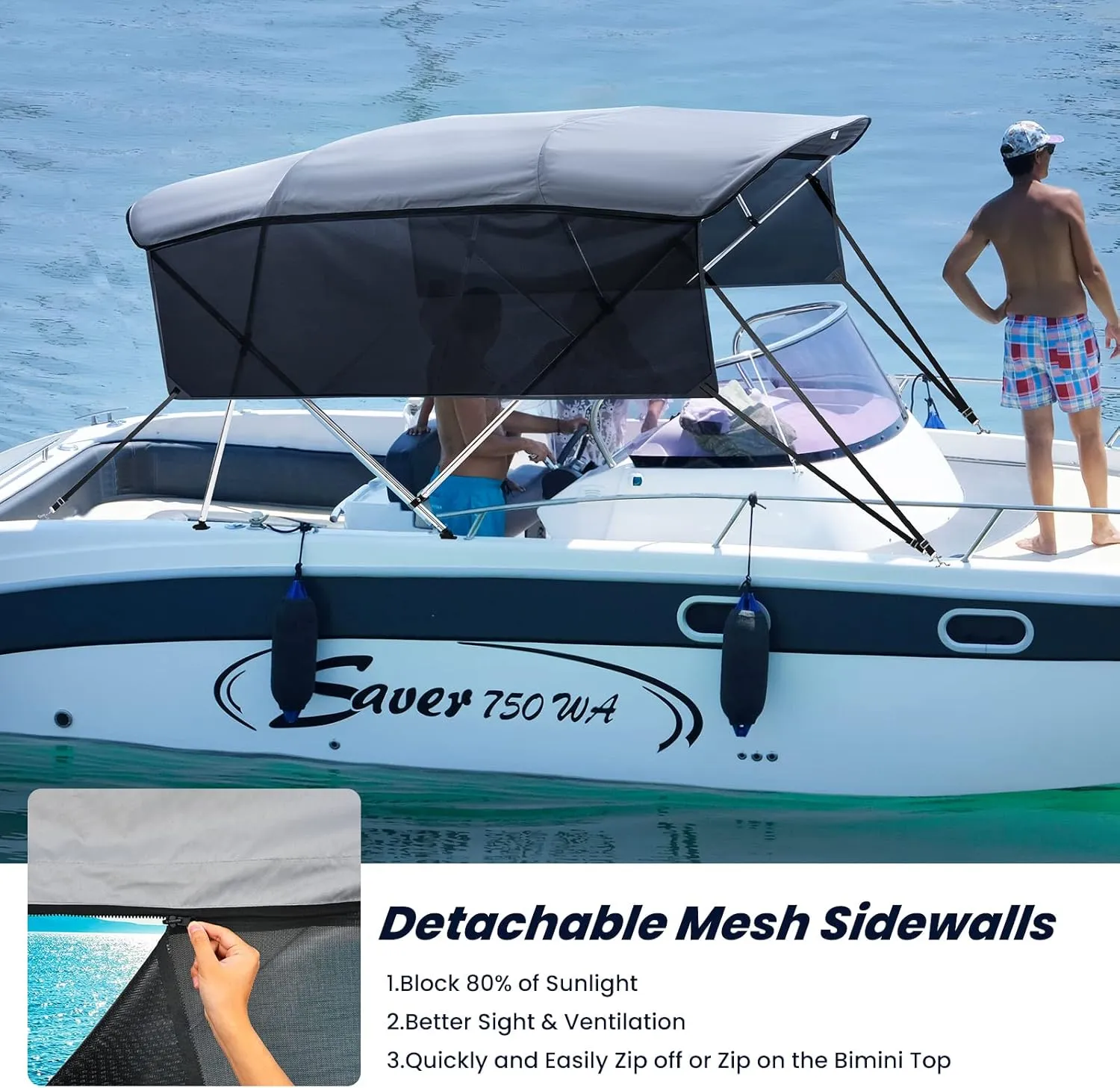 KAKIT 3 4 Bow Bimini Tops with Mesh Sidewalls Support Poles for Boats Marine Grade Canvas Top Includes 2 Straps Storage Boot 1 Inch Aluminum Frame