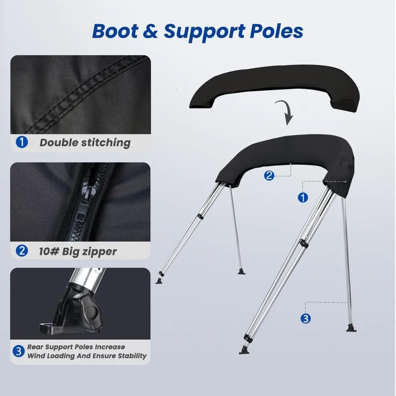 KAKIT 3 4 Bow Bimini Tops with Mesh Sidewalls Support Poles for Boats Marine Grade Canvas Top Includes 2 Straps Storage Boot 1 Inch Aluminum Frame