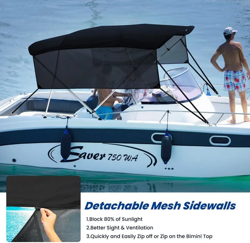 KAKIT 3 4 Bow Bimini Tops with Mesh Sidewalls Support Poles for Boats Marine Grade Canvas Top Includes 2 Straps Storage Boot 1 Inch Aluminum Frame