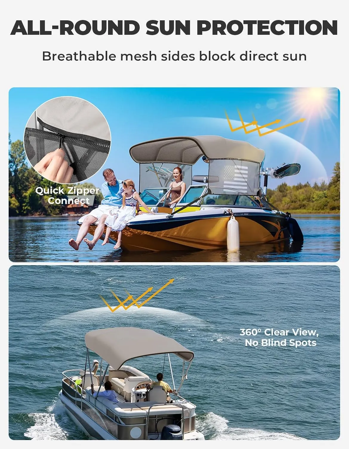 KEMIMOTO 4 Bow Bimini Top Replacement with Detachable Mesh Sidewalls 600D Marine Grade Canvas Heavy Duty Cover Boat Canopy Waterproof Sun Shade Easy Install Without Frame for Boats, Gray 91"-96" W