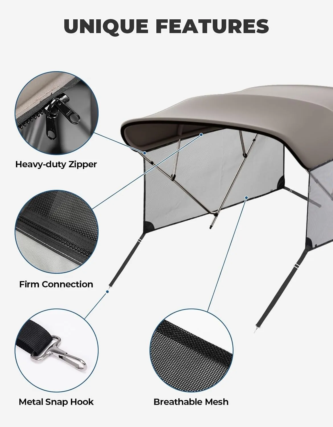 KEMIMOTO 4 Bow Bimini Top Replacement with Detachable Mesh Sidewalls 600D Marine Grade Canvas Heavy Duty Cover Boat Canopy Waterproof Sun Shade Easy Install Without Frame for Boats, Gray 91"-96" W