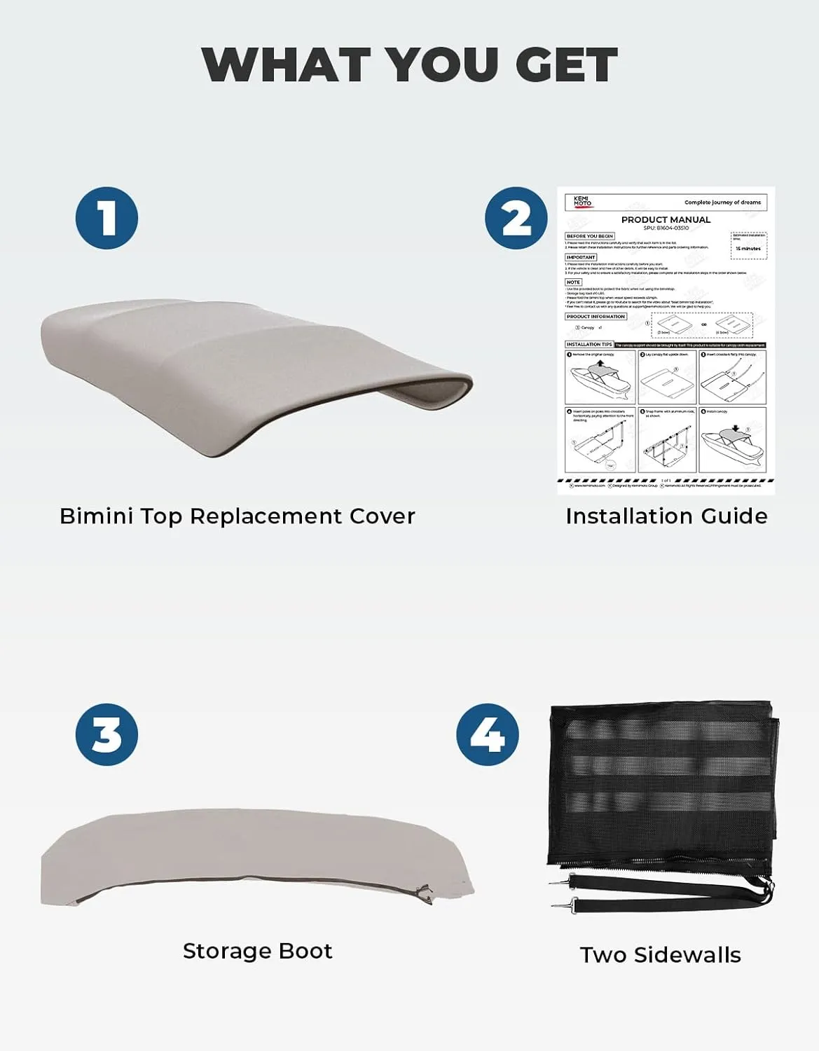 KEMIMOTO 4 Bow Bimini Top Replacement with Detachable Mesh Sidewalls 600D Marine Grade Canvas Heavy Duty Cover Boat Canopy Waterproof Sun Shade Easy Install Without Frame for Boats, Gray 91"-96" W