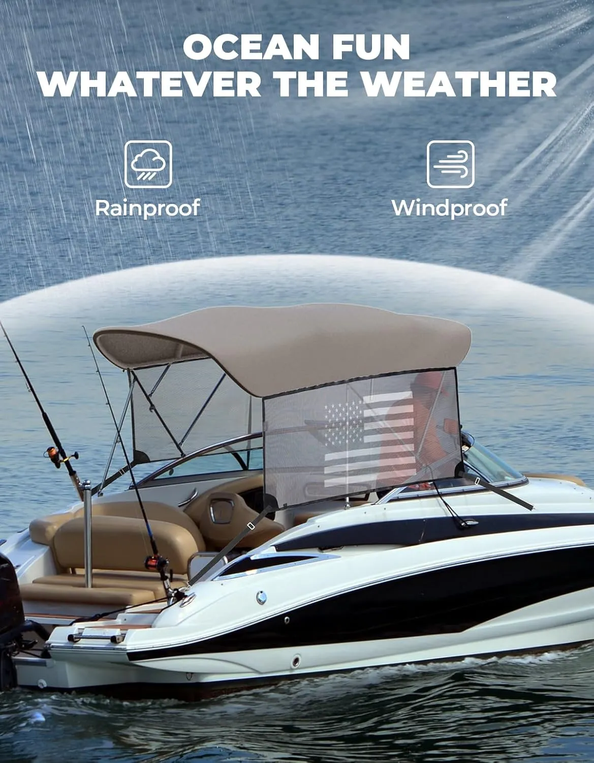 KEMIMOTO 4 Bow Bimini Top Replacement with Detachable Mesh Sidewalls 600D Marine Grade Canvas Heavy Duty Cover Boat Canopy Waterproof Sun Shade Easy Install Without Frame for Boats, Gray 91"-96" W